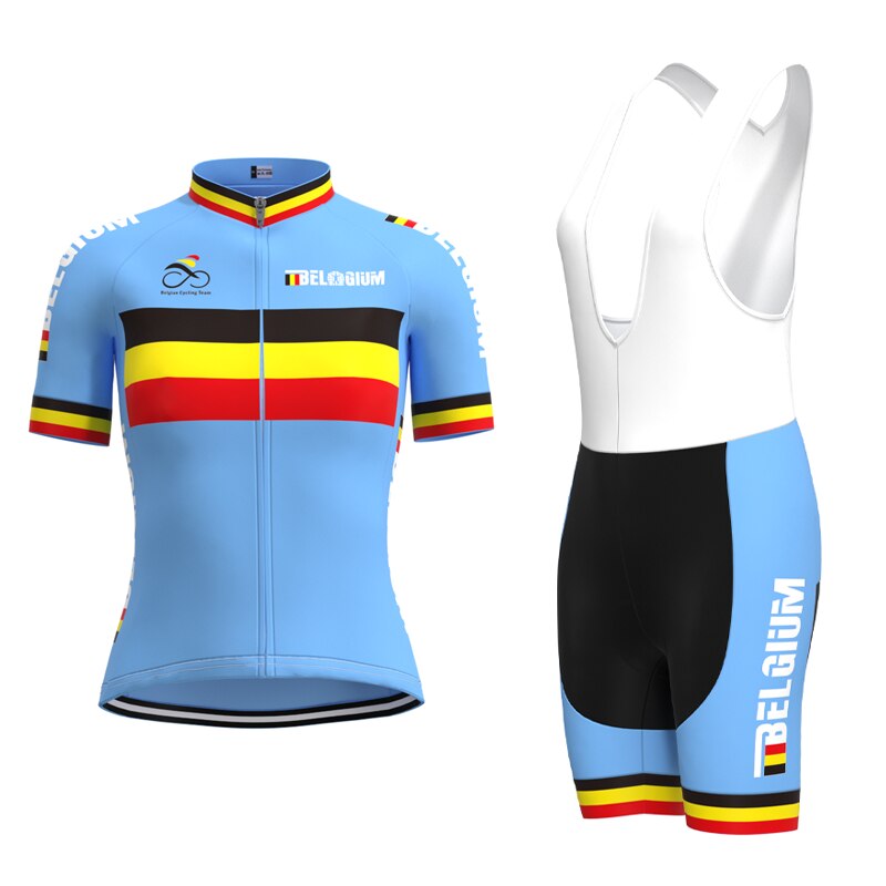The Womens Belgium Cycling Team Retro Cycling Jersey Set includes a short-sleeve blue jersey with bold black, yellow, and red stripes and BELGIUM across the chest, plus matching bib shorts—ideal for style-conscious womens cycling teams.
