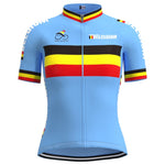 The Womens Belgium Cycling Team Short Jersey, made of lightweight polyester, features a blue base with black, yellow, and red stripes. Belgium is displayed on the front next to a bicycle logo and Belgium Cycling Team. The striped pattern is also reflected on the collar.