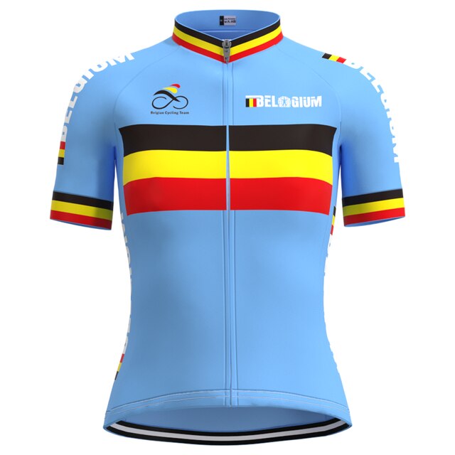 The Womens Belgium Cycling Team Short Jersey, made of lightweight polyester, features a blue base with black, yellow, and red stripes. Belgium is displayed on the front next to a bicycle logo and Belgium Cycling Team. The striped pattern is also reflected on the collar.