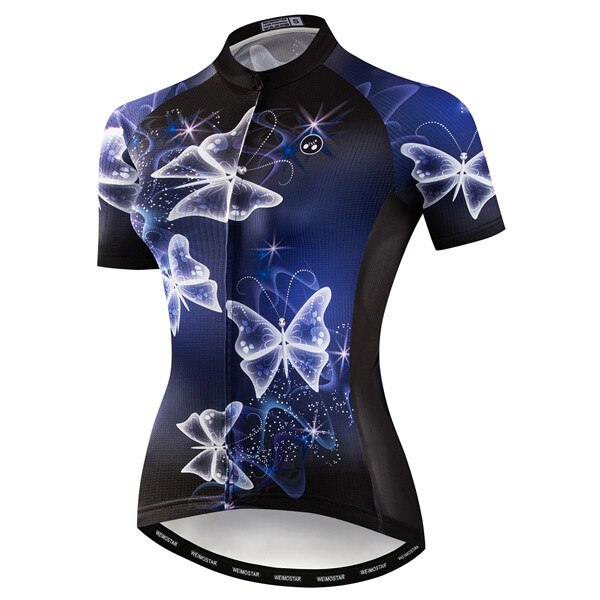 Discover vibrant elegance with the Womens Butterfly Cycling Jersey, crafted from lightweight polyester. This stunning design features glowing butterflies on a dark blue and black background, offering a sleek and aerodynamic fit ideal for dedicated cycling enthusiasts.
