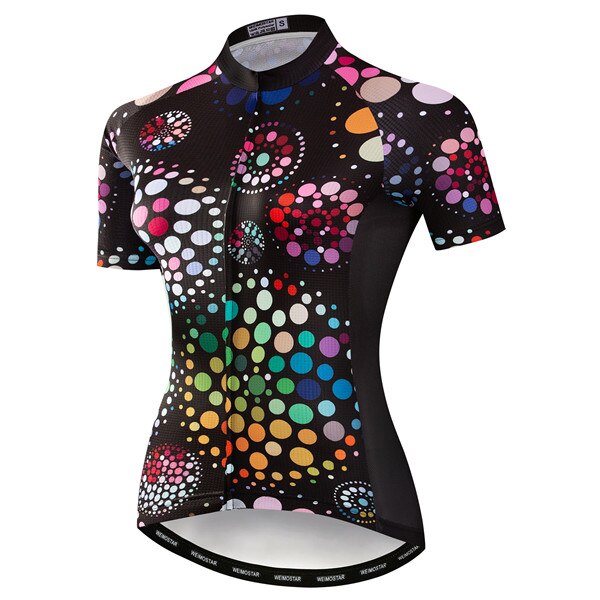 The Womens Coloured Dots Cycling Jersey features a lightweight polyester fabric with a black base adorned by vibrant multicolored geometric dot patterns of various sizes across the entire jersey.