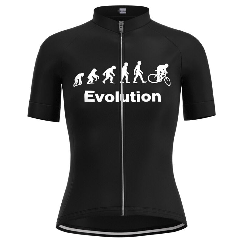 The Womens Evolution Cycling Jersey Set features a striking white print depicting the evolution from ape to cyclist. It includes a front zipper and short sleeves, making it ideal for your next ride.