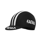 A black cycling cap with two white stripes and FAEMA in bold white on the side and brim perfectly complements the Womens Faema 1955 Retro Cycling Jersey Set for a classic look.