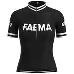 The Womens Faema 1955 Retro Cycling Jersey Set features a black jersey with short sleeves, bold white Faema text on the chest and sleeves, a front zipper, and classic white stripe details on the sleeves, collar, and hem. Perfect for those inspired by vintage cycling style.