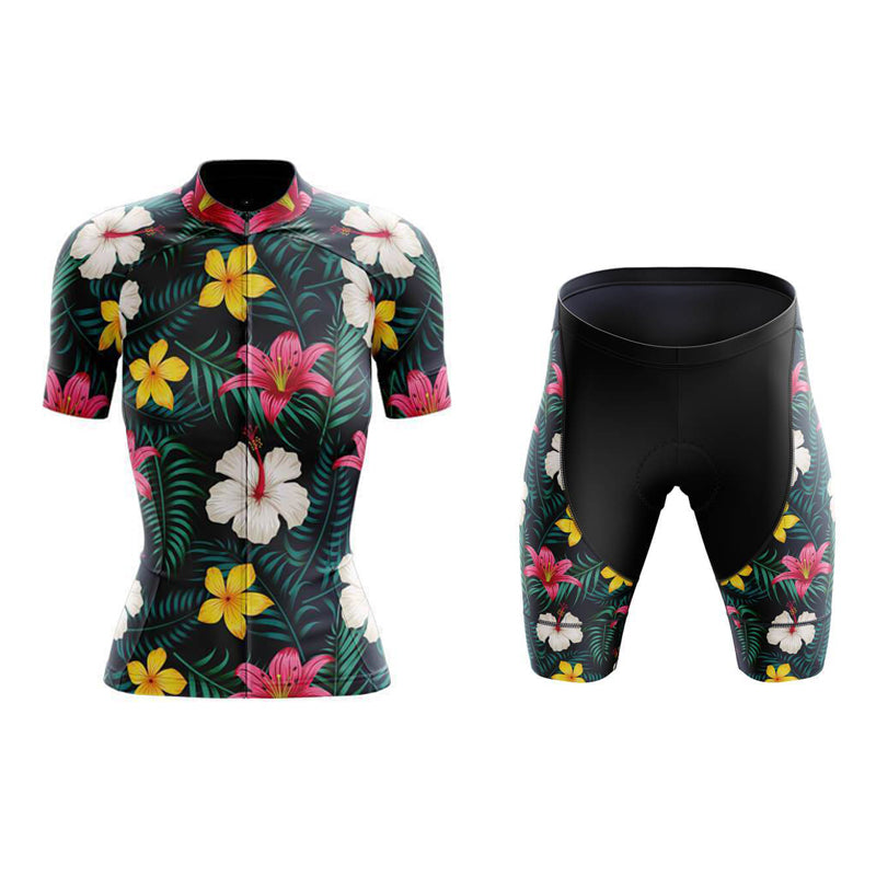 Discover the elegance of our Womens Floral Colourful Lily Cycling Jersey Set in pink, yellow, and white on a dark backdrop. This stylish set includes a short-sleeved jersey and matching shorts, perfect for adding flair to your ride.