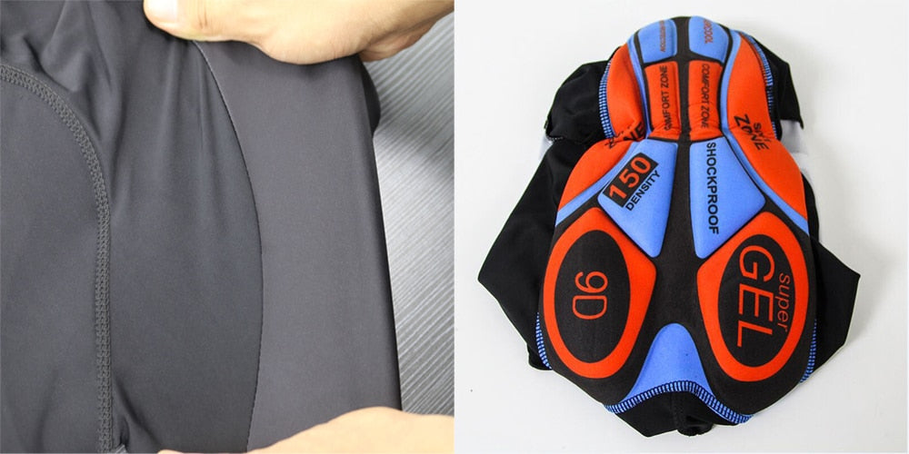 A close-up of cycling shorts: The left side features hands holding black fabric with stitching, while the right side shows a padded underside labeled 9D Sponge Gel in blue and orange with shockproof and 150 density, perfectly paired with the Womens KAS Canal Retro Cycling Jersey Set for seamless rides.