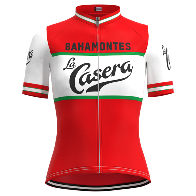 The Womens La Casera-Bahamontes Retro Cycling Jersey Set is red and white with a front zipper, bold La Casera-Bahamontes text, and green and red stripes on the arms and waist for a classic vibe.