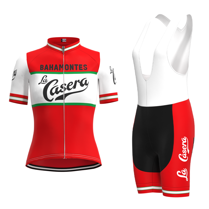 Introducing the Womens La Casera-Bahamontes Retro Cycling Jersey Set in red and white, featuring La Casera and BAHAMONTES text with a green chest stripe, paired with matching bib shorts.