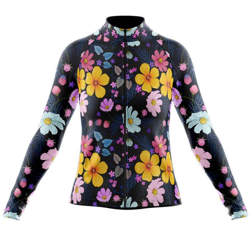 The Womens Long Sleeve Floral Big Yellow Jersey features a vibrant floral pattern with yellow, pink, and blue flowers on a dark background, full zip design, and high collar. Available with a fleece option for cooler rides.