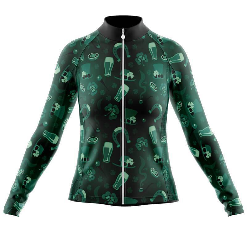 Introducing the Womens Long Sleeve Lucky Irish Jersey, a winter-fleece wonder for your ride. Featuring a dark green background, light green symbols like shamrocks and beer glasses, a front zipper, and black collar—perfect for St Patricks Day!.