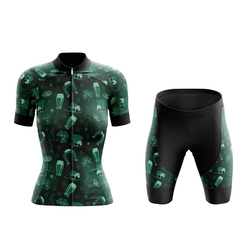 Ride in style with our Womens Lucky Irish Cycling Jersey Set, featuring a dark green pattern with light green accents, decorated with shamrocks, beer glasses, and pipes. This breathable apparel ensures comfort for festive St Patricks Day cycling fun!.