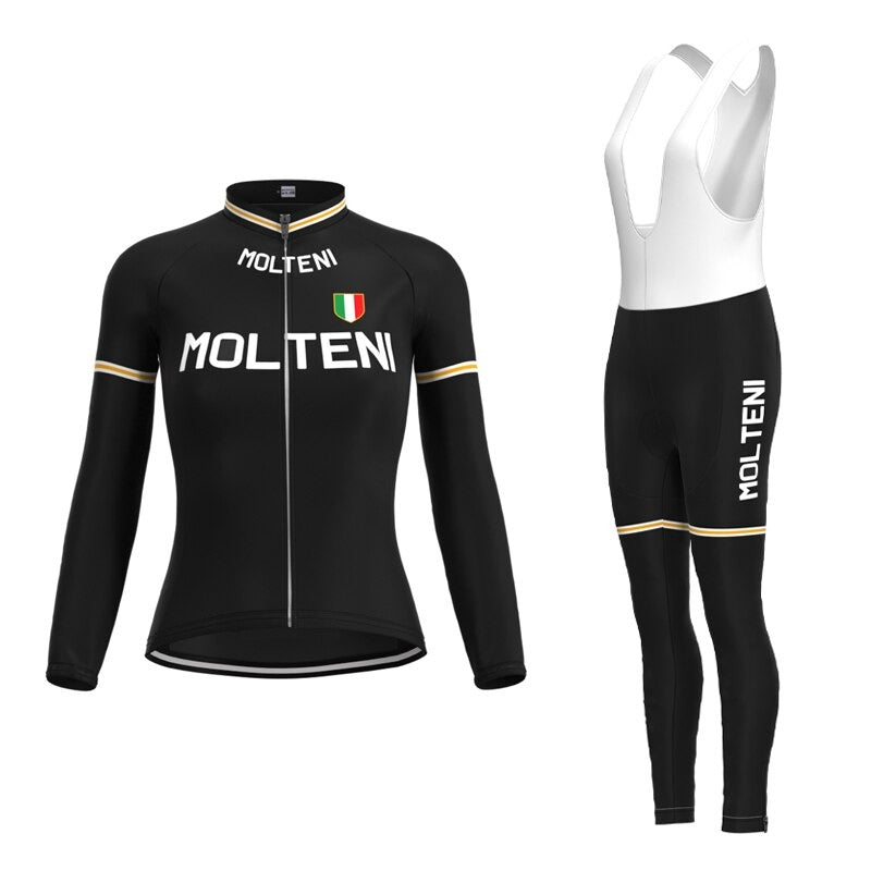 The Womens Molteni Black Retro Cycling Jersey Long Set, inspired by Italian professional racing, features iconic MOLTENI text and an Italian flag, echoing Eddy Merckxs classic style with a minimalistic design. This black kit includes a long-sleeve jersey with a zipper front and matching bib tights.