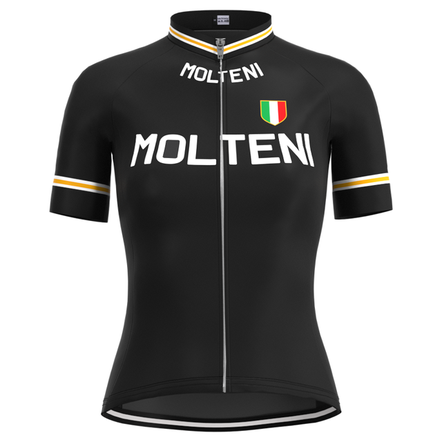 Elevate your style with the Womens Molteni Black Retro Cycling Jersey Set, featuring MOLTENI in white on the front, a chest patch with an Italian flag, and short sleeves with yellow and white stripes—an ideal match for breathable shorts.