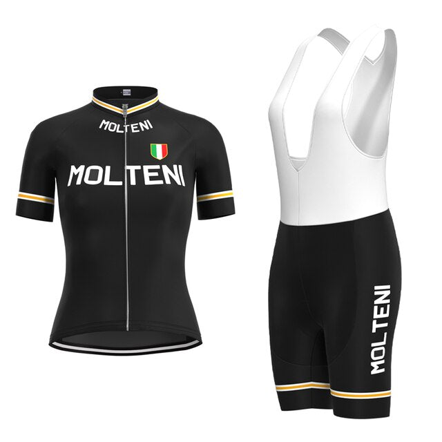 Explore the Womens Molteni Black Retro Cycling Jersey Set, including a classic short-sleeve black jersey with Molteni and an Italian flag emblem, breathable shorts, and white-strapped bibs for ultimate style and comfort on every ride.