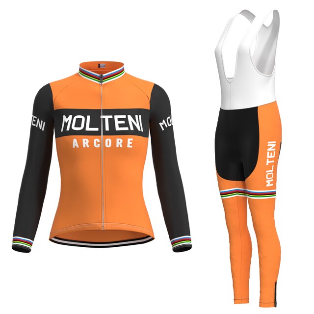 The Womens Molteni Orange Retro Cycling Jersey Long Set features an orange and black jersey with Molteni Arcore text, front zipper, breathable polyester, and matching bib tights. Colorful stripes adorn the cuffs and leg hems.