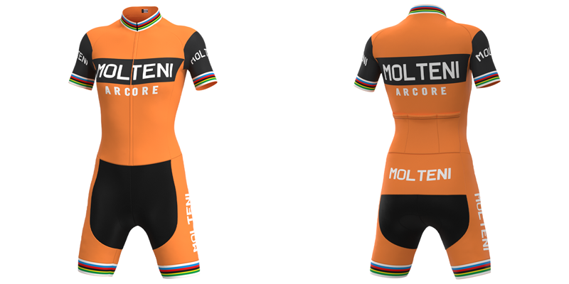 The Womens Molteni Orange Retro Cycling Jersey Set features vibrant orange color, MOLTENI ARCORE in black and white, rainbow stripes on the sleeves and collar, an Eddy Merckx-inspired design, and convenient back pockets for essentials.