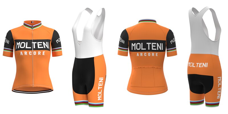 Inspired by Eddy Merckx, the Womens Molteni Orange Retro Cycling Jersey Set features an orange jersey with black sleeves, MOLTENI ARCORE text, and green, red, yellow, and blue stripes. The matching black bib shorts have white straps and MOLTENI on the side.