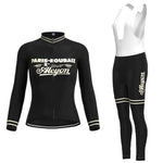 Two garments are displayed: a Womens Paris-Roubaix Retro Cycling Jersey Long Set with winter fleece, featuring classic text and decorative stripes in black, and black-and-white bib shorts with matching text and stripes.