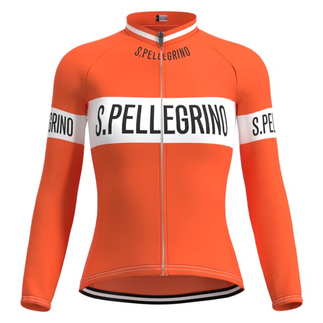 The Womens San Pellegrino Retro Cycling Jersey Long Set in orange features long sleeves, S. Pellegrino prominently on white chest and sleeve bands, a breathable fabric, full-length front zipper, black bottom trim, and a fitted design for optimal style and comfort.