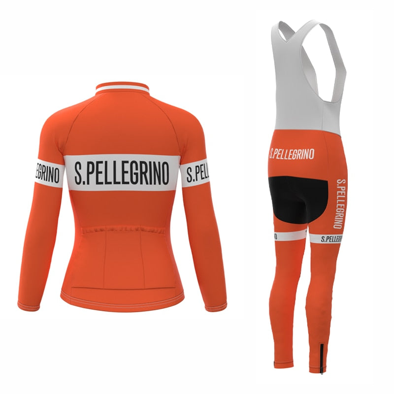 The Womens San Pellegrino Retro Cycling Jersey Long Set includes an orange, breathable, long-sleeve jersey with S. PELLEGRINO in white, a full-length zipper, back pockets, and bib tights with shoulder straps. The set also features gel seat pad shorts for extra comfort during rides.
