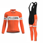 The Womens San Pellegrino Retro Cycling Jersey Long Set includes an orange cycling outfit with S. Pellegrino text, featuring a long-sleeve jersey with white stripes on the chest and arms, paired with black and orange bib tights accented in white.