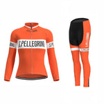The Womens San Pellegrino Retro Cycling Jersey Long Set features an orange jersey with S. Pellegrino text, long sleeves, a full-zip design, and white bands on the chest and sleeves. It includes matching leggings with black and white accents for a classic look.