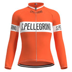 The Womens San Pellegrino Retro Cycling Jersey Long Set features a vibrant orange winter fleece design with long sleeves, a full front zipper, and bold S. PELLEGRINO text in black on white bands across the chest and sleeves, providing warmth and retro cycling style.