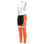 Womens San Pellegrino Retro Cycling Jersey Long Set with Winter Fleece includes cycling bib trousers, featuring a white upper section and orange-black lower sections. S. PELLEGRINO is printed vertically on the side and horizontally on the leg, adding vintage charm to your ride.