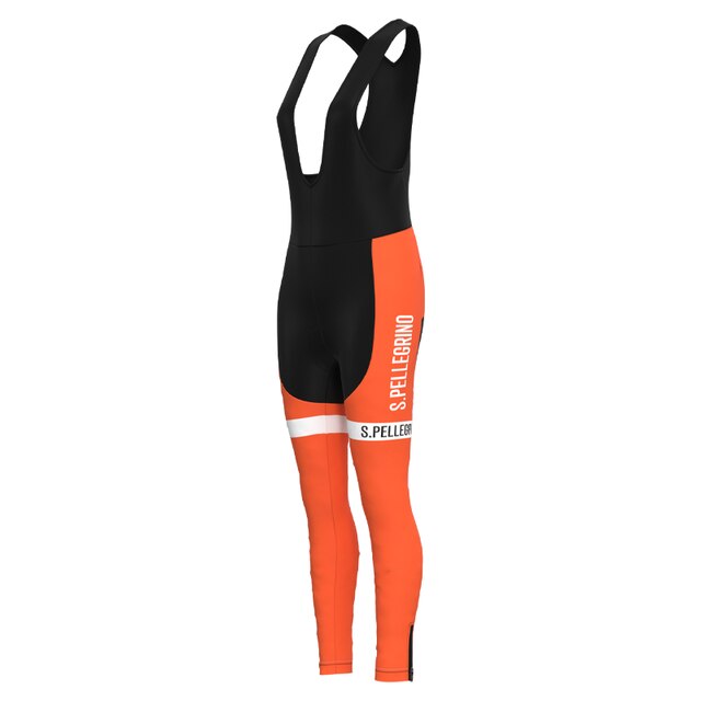 The Womens San Pellegrino Retro Cycling Jersey Long Set features an orange and black design with iconic white S. Pellegrino text on the leg and a classic white stripe, complemented by shoulder straps. The sets retro flair is highlighted against a clean white backdrop, perfect for cycling enthusiasts.