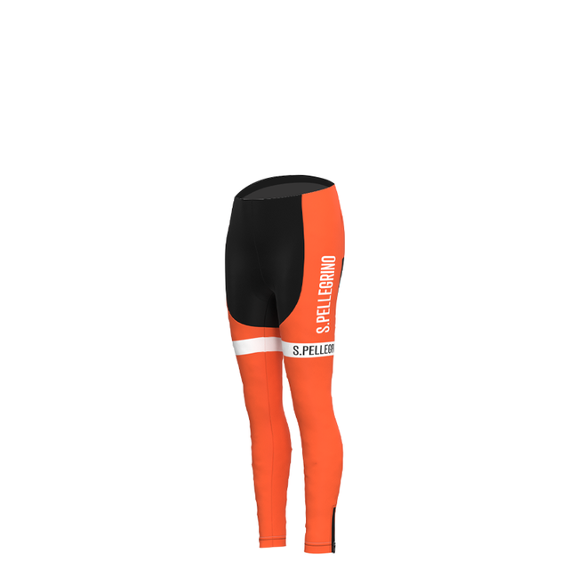 Cycling bib tights with bold orange and black blocks feature vertical white S. PELLEGRINO text on the side and a horizontal white stripe at the bottom, reminiscent of the Womens San Pellegrino Retro Cycling Jersey Long Set (with Winter Fleece).