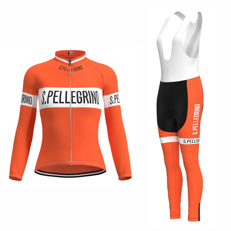 The Womens San Pellegrino Retro Cycling Jersey Long Set features a bright orange long-sleeve, breathable performance jersey with black accents and S. Pellegrino branding, full front zipper, and matching bib tights with white shoulder straps and black sections.