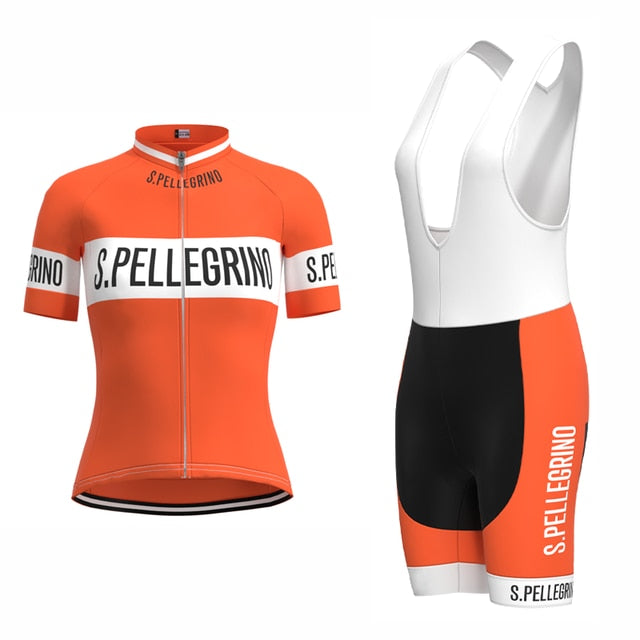 The Womens San Pellegrino Retro Cycling Jersey Set, in orange and white, features S. Pellegrino on the chest and arms. The stylish performance kit includes matching bib shorts with text along the side, displayed against a white background.