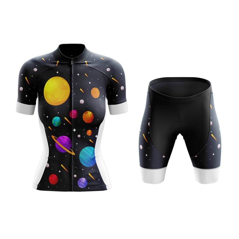 The Womens Solar System Planets Cycling Jersey Set includes a breathable short-sleeve top and shorts with a space theme, featuring colorful planets, stars, and comets on a black background. Vibrant planets in yellow, purple, and orange enhance its cosmic allure.