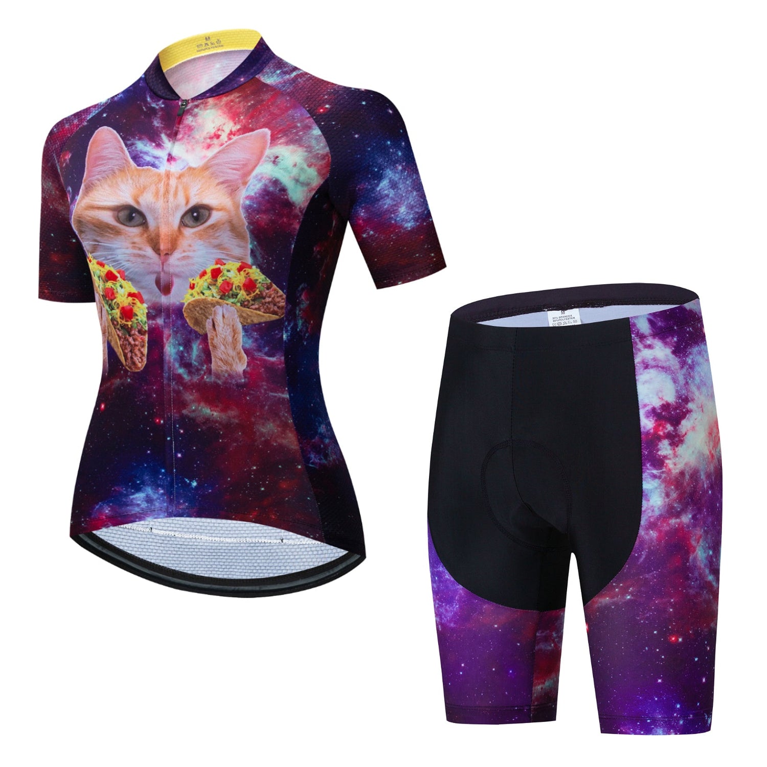 The Womens Tacos Cat Cycling Jersey Set includes a space-themed short-sleeve jersey featuring a cats face and tacos on a galaxy background, paired with black shorts accented in galaxy print and equipped with a gel seat pad for added comfort.