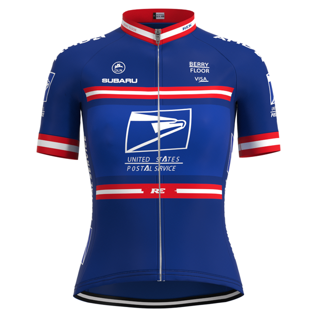 The Womens US Postal Service Jersey Set showcases Subaru, Berry Floor, and Visa logos. This blue jersey features red and white stripes on the sleeves and chest, a full front zipper, and comes with breathable shorts for a comfortable ride.