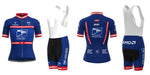 Four views of the Womens US Postal Service Jersey Set, featuring a blue cycling kit with red and white accents and sponsor logos. The set includes a short-sleeve jersey and breathable shorts, shown from front, side, and back angles.