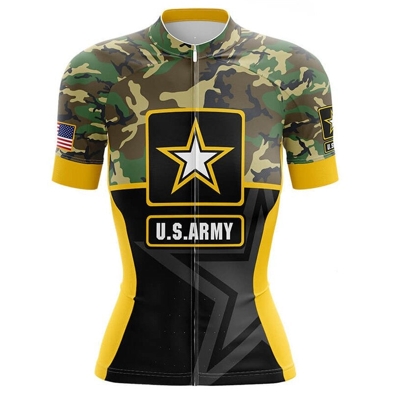The Womens U.S. Army Cycling Jersey features a camo pattern, white star, U.S. ARMY text, and a U.S. flag patch on the sleeve. Made from lightweight polyester, it includes yellow side panels and a performance-oriented military design.