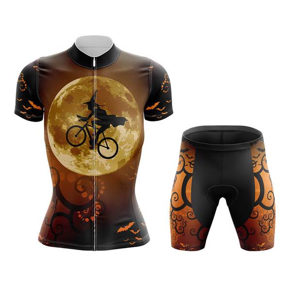 Experience the thrill of our Womens Witch on a Bike Halloween Cycling Jersey Set, featuring a witch on a bike against a full moon, with bats swirling in rich black, orange, and brown tones—ideal for adding spooky flair to your ride.