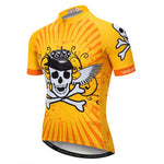 Introducing the Yellow Pirate Skull Cycling Jersey, crafted from lightweight polyester with a vibrant yellow color. It showcases a crowned skull and crossbones with wings on the chest, smaller sleeve designs, orange accents, and a front zipper for convenience.