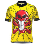 The Yellow Smiling Skull Cycling Jersey, made from lightweight polyester, boasts a striking design with black trim and a large red grinning skull graphic with exaggerated teeth and crisscrossing lines, ideal for cyclists looking for a rebellious vibe.