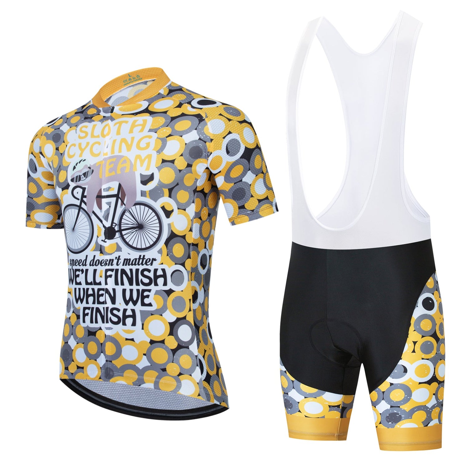 The Yellow Spots Sloth Cycling Team Set includes a jersey and bib shorts adorned with a sloth cycling graphic and the caption, Sloth Cycling Team: Speed doesn’t matter. We’ll finish when we finish. Ideal for riders who enjoy a leisurely pace, the design features yellow, gray, and white circles.