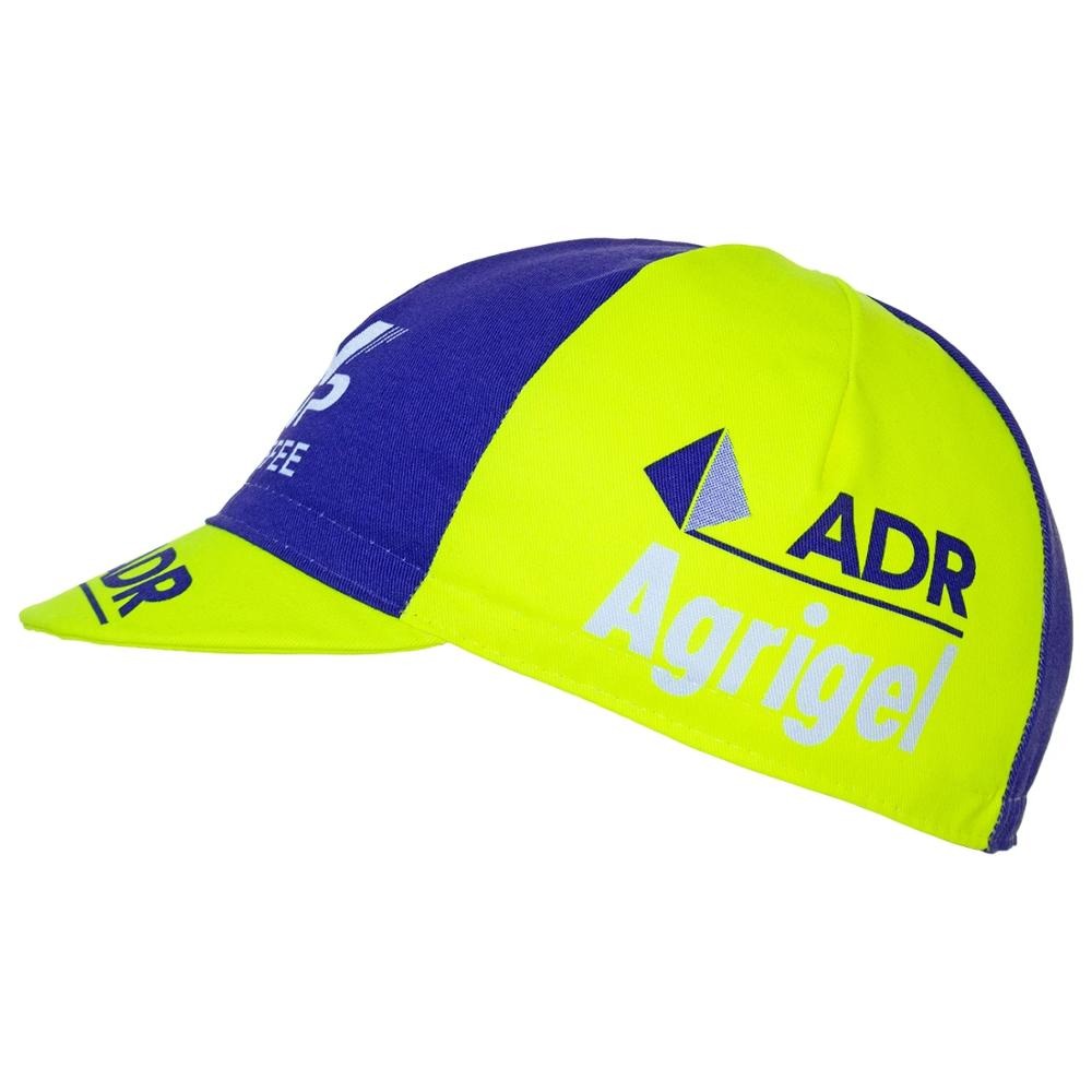 The ADR Agrigel Retro Cycling Cap features a bold design with vibrant yellow and blue panels, ADR and Agrigel text, vintage graphics, and side numbers.