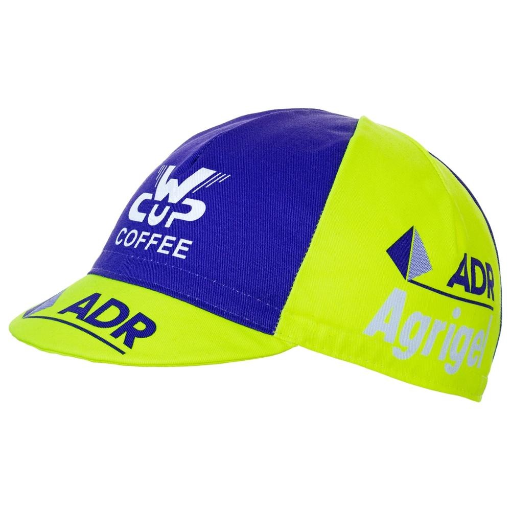 The ADR Agrigel Retro Cycling Cap features a vibrant purple and bright green design with Cup Coffee on the front and ADR Agrigel on the sides, adding vintage cycling flair to any outfit.