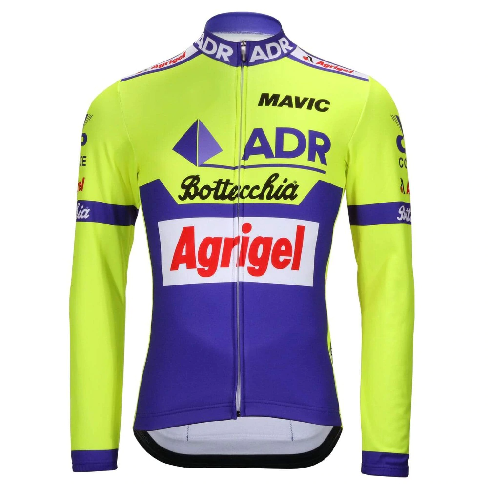 The ADR Agrigel Bottecchia 1989 Retro Cycling Jersey (with Fleece Option) features a vibrant yellow and blue design with logos like ADR, Agrigel, and Mavic, capturing the spirit of their legendary racing legacy.