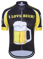 The I Love Beer Cycling Jersey is made from lightweight polyester with a black and yellow design, featuring bold I LOVE BEER! text and a large frothy beer mug image, combining style with breathable performance for cycling adventures.