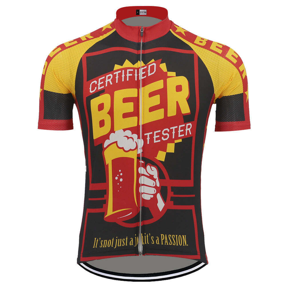 The Certified Beer Tester Cycling Jersey features bold text, a hand holding a beer mug graphic, and a black, yellow, and red palette with the phrase Its not just a job, its a PASSION, perfect for riders who embrace cycling and beer.