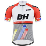 The Burgos BH Retro Cycling Jersey, made of lightweight polyester, features a prominent BH logo on the front. It is adorned with geometric patterns and vertical stripes in white, red, black, blue, and yellow, has short sleeves, and includes a practical front zipper for optimal comfort.