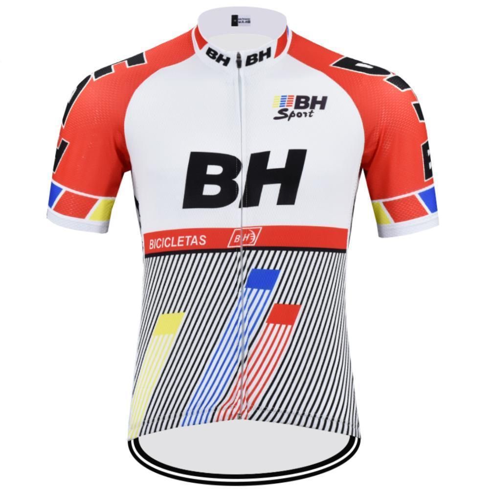 The Burgos BH Retro Cycling Jersey, made of lightweight polyester, features a prominent BH logo on the front. It is adorned with geometric patterns and vertical stripes in white, red, black, blue, and yellow, has short sleeves, and includes a practical front zipper for optimal comfort.