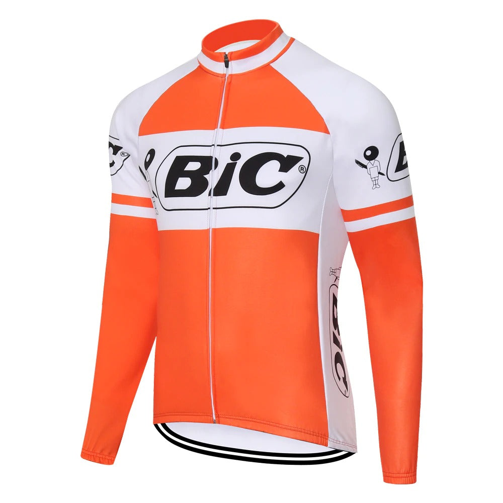 The BIC Orange Long Sleeve Retro Cycling Jersey features an orange and white design with a full-length zipper and Bic logos on the chest, sleeves, and sides. It offers a classic look with the option of added fleece for comfort.