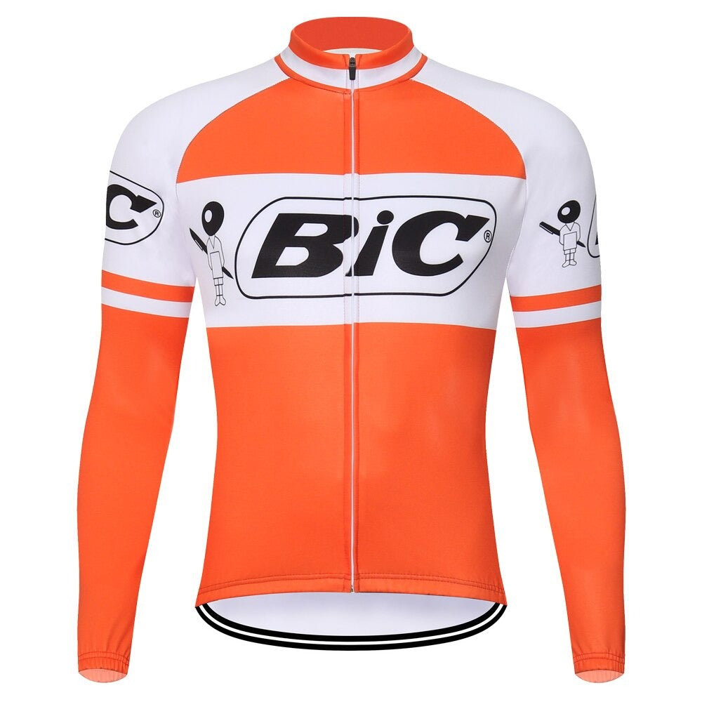 The BIC Orange Long Sleeve Retro Cycling Jersey, available with fleece, features a front zipper and the iconic BiC logo on the chest and sleeves. Its retro design includes orange and white colors with a minimalistic stick figure graphic for nostalgia.